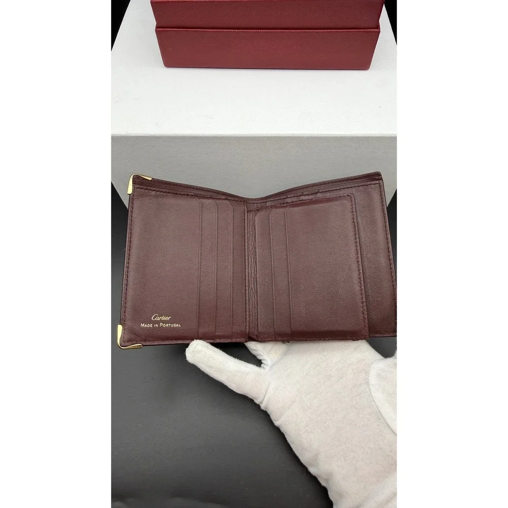 Cartier Must de Cartier Burgundy Leather Bifold Wallet Gold Corners Mens Box